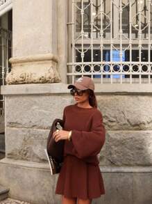 Women's Knit Set Short Asymmetrical Skirt And Puff Sleeve Blouse Blogger Fashion - Chocolate Brown - View 4