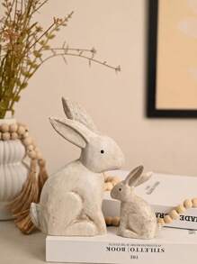 2 piezas de figuras decorativas de conejitos de Pascua vintage de madera blanca, estatuas de conejitos de Pascua rústicas de estilo nórdico, ideales para decoración de Pascua, el Día del Padre, decoración de mesa, sala de estar, armario de vinos, soporte de TV, pasillo - Multicolor - Ver 2