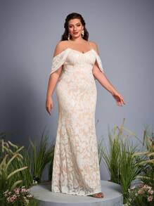 Đầm dài đuôi cá dáng ôm bó sát màu khối sequined Mgiacy tay hở dây mảnh cỡ lớn, váy cưới, cô dâu - trắng - Xem 4