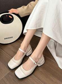 Retro French Mary 2025 Spring Elegant Slimming Square Toe High Heel Shoes, New Gentle Shoes For Women - Beige - View 5