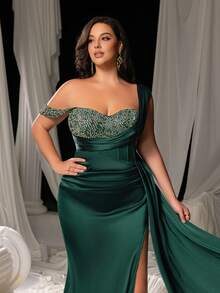 Faeriesty 曲线加水钻细节不对称领口垂坠侧边美人鱼下摆正式派对礼服晚礼服 - 墨綠色 - 查看 7