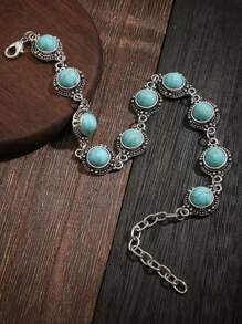 1pc Minimalist Versatile Retro Anklet, Metal Alloy Faux Turquoise Foot Jewelry For Women - Antique Silver - View 1