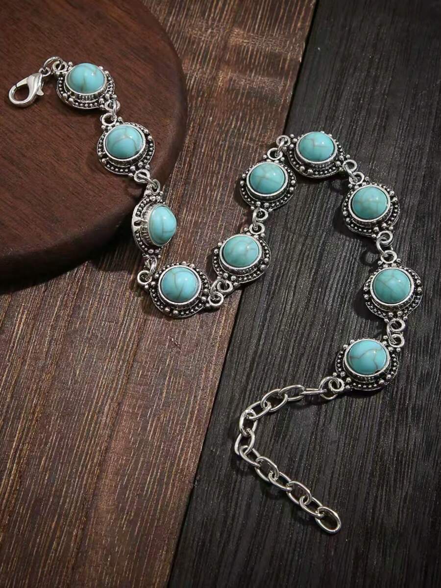 1pc Minimalist Versatile Retro Anklet, Metal Alloy Faux Turquoise Foot Jewelry For Women - Antique Silver - View 1