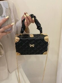 1pc New Solid Color PU Leather Quilted Box Bag With Bow Decor, Elegant Commuter Cloud Folded Handheld Box Bag With Metal Chain Strap, Daily Use Ladies' Gift Small Square Bag Pouch - Black - View 10