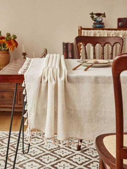 1 Stück amerikanische Vintage einfache Polyester-Leinen Quaste Tischdecke, hitzebeständige rechteckige Tischdecke geeignet für Küche, Esszimmertisch, Couchtisch, TV-Schrank, Familienzusammenkünfte, Outdoor-Picknick