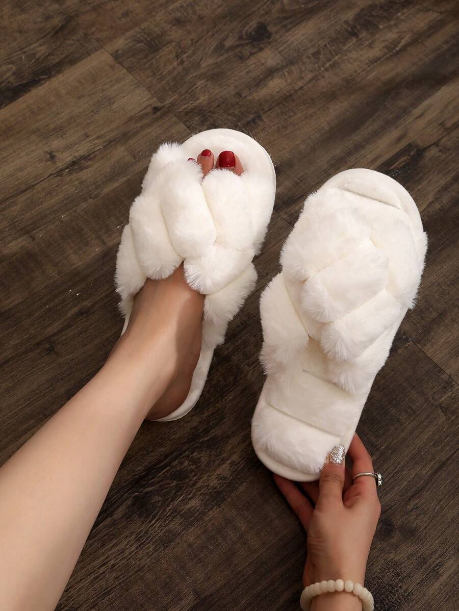 蓬松交叉带露趾女士拖鞋,舒适轻便室内卧室拖鞋,暖白色女士家居拖鞋 - 白色 - 查看 1