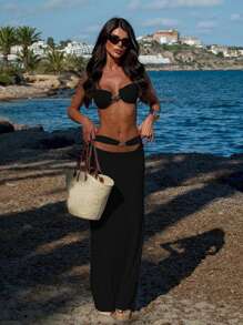 Polovedo官方新款春夏性感黑色三件套女士金属装饰优雅性感比基尼套装，含罩衫和迷你裙，适合海滩、度假、派对和约会。 - 黑色 - 查看 7