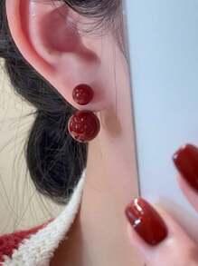 1 对人造珍珠耳钉，优雅设计，高端质感，非常适合女性，适合节日、假期和送给女朋友/最好的朋友 - 酒紅色 - 查看 3