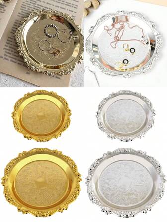 1PC Gold Jewelry Storage Tray Necklace Earring Ring Display Tray Home Desktop Decoration Accessories Fruit Snack Cake Tray Decorative Tray Teacup Holder Jewelry Storage Tray Dessert Table Gifts Women Girls