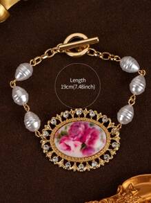 1pc Fashionable Vintage High-End Faux Pearl Oval Floral Print Sparkling Rhinestone Palace Style Exaggerated Large Bracelet - Yellow Gold - View 4