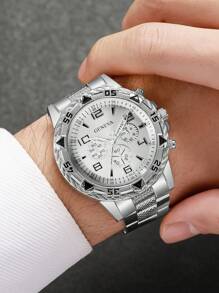 1pc Men's Fashion Casual Business 3-Eye Numerical Scale Oversized Dial Classic Quartz Wrist Watch, No Watch Box Included - Silver - View 2