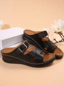 Ladies Summer New Black Platform Thick Sole Sandals, Criss-Cross Strap, Metal Buckle, Hollow-Out, Breathable Mesh Uppers, Comfortable & Sexy, Casual Vacation Fashion Versatile Sandals. High Quality Leather, Retro European & American Style Sexy Multi-Color Criss-Cross Strap Peep Toe Platform Thick Bottom Sandals, Lightweight Slip-On, Enhanced Stitching Craftsmanship, Casual Vacation Beach Sandals For Women