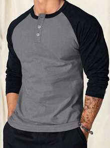 Men's Casual Raglan Sleeve Colorblock Round Neck T-Shirt, Autumn, Fall