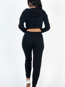 Stylish Knitted Long Sleeve Cropped Jacket, Camisole Top And Long Pants Set For Women Casual Drawstring Elastic Waist Loungewear Three Piece Outfit - màu đen - Xem 4