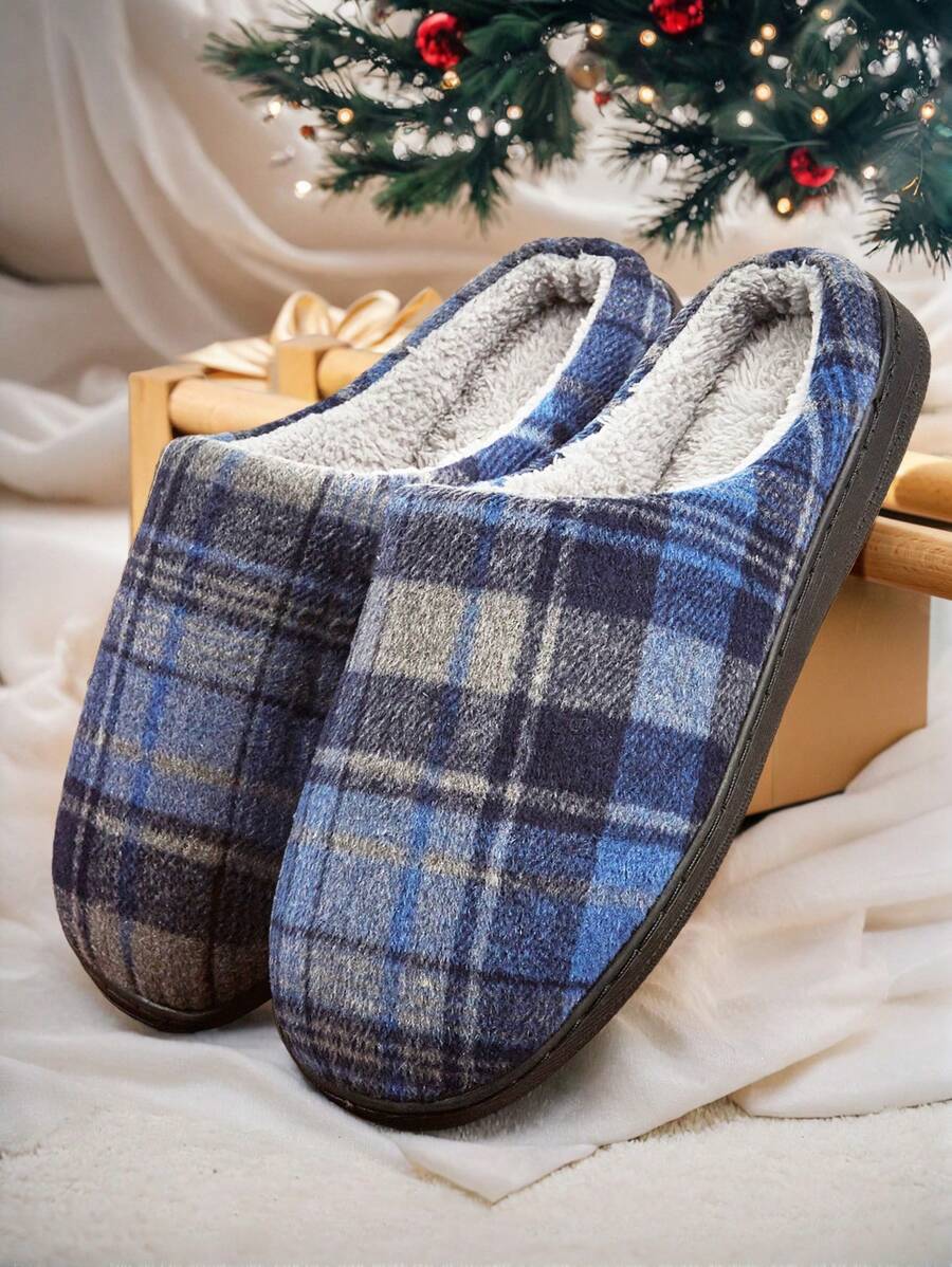 女士拖鞋 温暖柔软室内鞋 毛绒舒适格子记忆泡沫拖鞋 卧室 女款 蓝色 - 藍色 - 查看 1