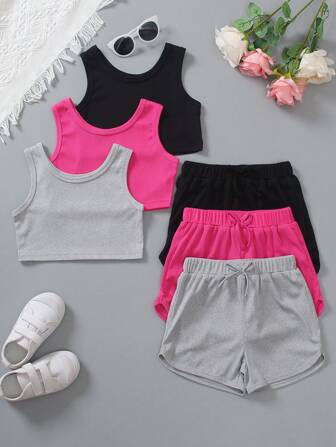 Set de 3 piezas de conjunto informal de verano para niñas, compuesto por top de tirantes de cuello redondo de unicolor y shorts con lazos