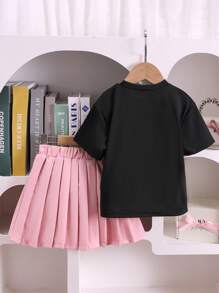 2pcs/Set Young Girl' Adorable 3D Floral Short Sleeve T-Shirt And Pleated Mini Skirt Set, Summer