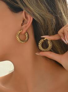 1 Pair Stainless Steel Round Hoop Earrings, Suitable For Parties - Gold - View 6