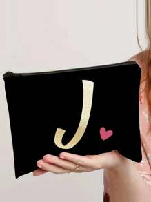 A-Z Letter Print Heart Graphic Cosmetic Bag, Black Mini Size, Gold Tone Lettering, Minimalist Style, Suitable For Logo Customization - Black - View 17