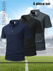 Conjunto de 3 Camisas Polo de Verão Esportivas Masculinas de Manga Curta, Camisetas Polo de Manga Curta Elásticas, Adequadas para Corrida, Exercícios e Jogar Tênis e Golfe, Camisetas de Manga Curta