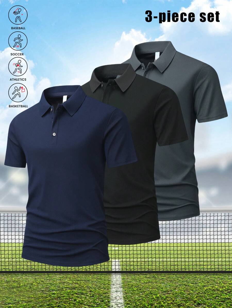 Conjunto de 3 Camisas Polo de Verão Esportivas Masculinas de Manga Curta, Camisetas Polo de Manga Curta Elásticas, Adequadas para Corrida, Exercícios e Jogar Tênis e Golfe, Camisetas de Manga Curta