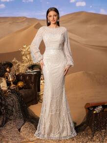 Faeriesty 高级魅力优雅长袖亮片鱼尾礼服，专为女性打造——精致的水晶串珠刺绣，闪耀夺目的全身细节，修身喇叭裙摆，适合红毯活动、奢华婚礼、正式晚宴和时装秀等场合。