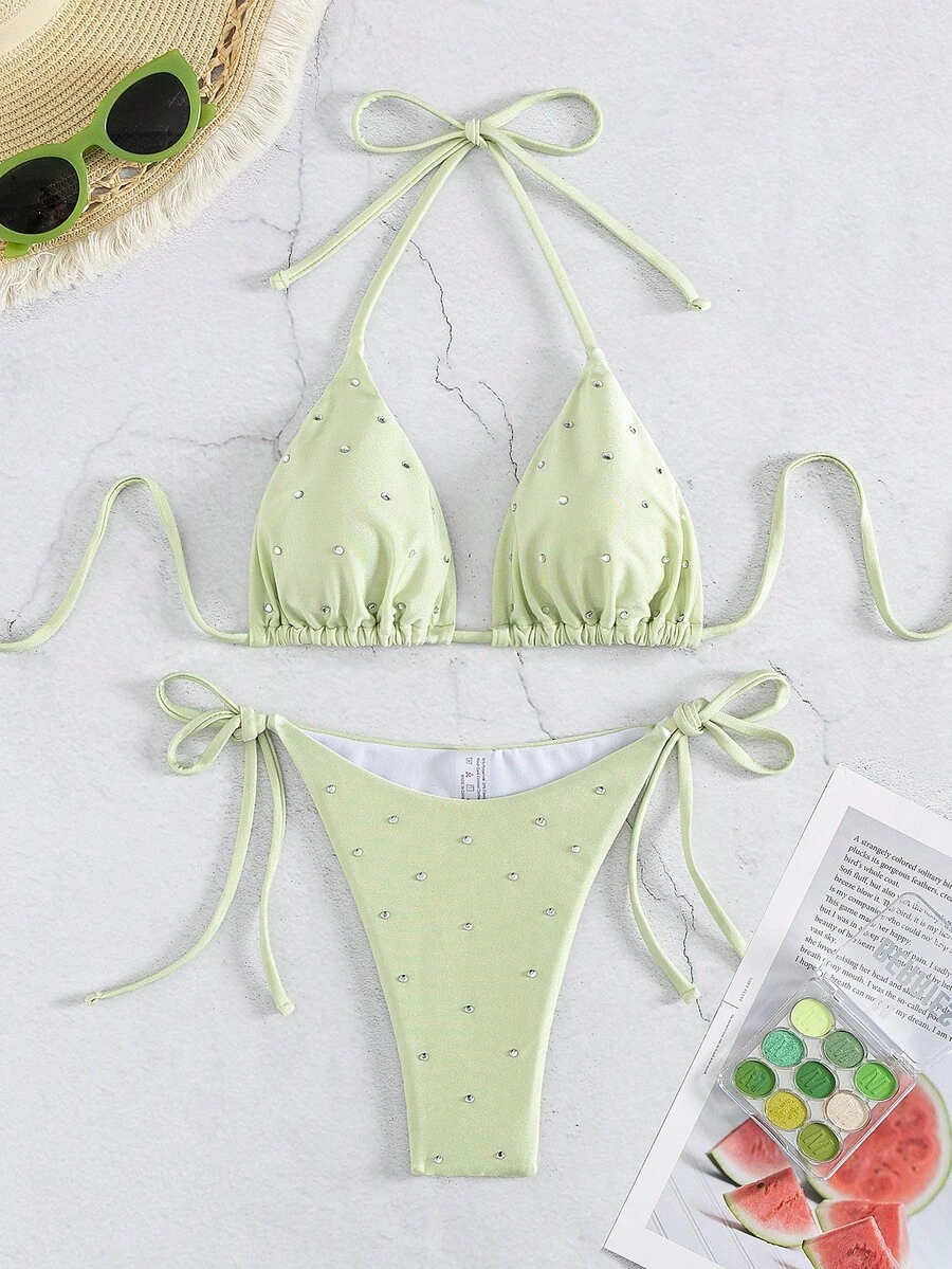 New European & American Style Women Rhinestone Embellished Bikini Swimwear Set - Green - View 1