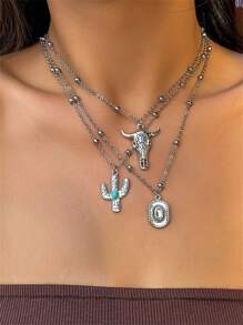 1pc Retro Faux Turquoise Ox Head Beaded Necklace Set, Boho Style Cactus Pendant Necklace - Multicolor - View 11