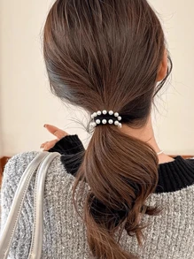 Élégants liens de cheveux élastiques en faux perles et nœud papillon pour femmes, nouveau modèle 2024. Accessoires de cheveux en polyester, supports de queue de cheval, élastiques à cheveux, bandes de caoutchouc pour cheveux, chouchous, corde à cheveux, accessoires de tête élastiques - Multicolore - Voir 3