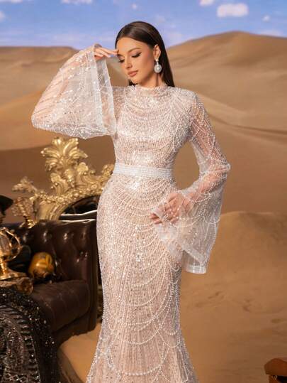 Elisanya Haute Glamour Elegant High-Neck Trumpet-Sleeve Beaded Mermaid Evening Gown With Intricate Piping Detailing – Structured Silhouette For Red Carpet Galas, Black-Tie Weddings, Opera Premieres, Formal Charity Balls, And Luxury Award Ceremonies Party