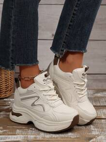 白色新款休闲女鞋，时尚厚底坡跟运动鞋 - 白色 - 查看 7