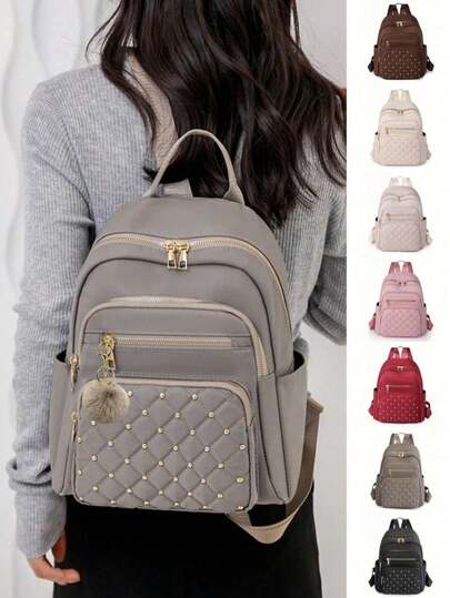 Mochila feminina casual com rebites decorados em 7 cores, mochila de armazenamento com padrão de losangos, mochila de nylon versátil, mochila leve, portátil, compartimento para laptop, grande capacidade, adequada para estudantes universitárias, faculdade, ensino fundamental, ensino médio, ao ar livre, viagens, passeios, escola primária, escritório diário do novato