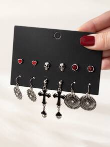 6 对哥特式风格水晶莱茵石心形骷髅恶魔之眼流苏圆形图腾耳坠套装，时尚百搭，适合情侣、派对