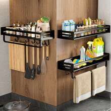 1pc Kitchen Storage Rack, Can Hang Seasonings, Dishcloths/Cutting Boards/Spoons For Drainage, Suitable For Kitchen Storage, Home Cleaning And Personal Care - Black - View 7