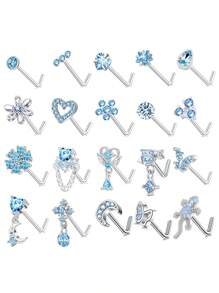 20pcs/20G Stainless Steel L-Shaped Stud Earrings With CZ Butterfly, Star, Moon, Heart And Flower Pendant, Suitable For Daily Wear And Gifts, Pink/White/Blue - Blue - View 8