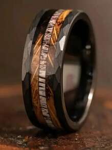 1 Pc Vintage Men Stainless Steel Rings Fashion 8mm Black Brushed Deer Antler And Koa Wood Rings For Men Wedding Band Jewelry Accessories