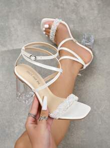 Sandalias de moda para mujer con tacones gruesos de cristal transparente y puntera abierta, de slip-on, con acabado metálico brillante, tacones altos, estilosas para fiesta y uso al aire libre, de estilo universal