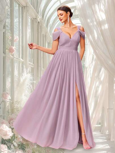 MOEVIO Women's Elegant Deep-V Neck Mesh Ruched Backless A-Line Split Thigh Formal Long Bridesmaid Wedding Guest Spring Summer Vacation Festival Dress