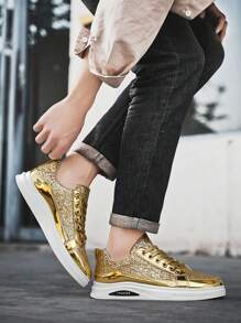 Men's Gold Casual Thick-Sole Fashion Skateboard Shoes, All Season, Student Style - Gold - View 5