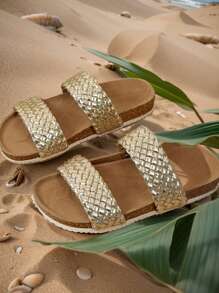 1 par de chanclas de verano promoción color marrón tierra, resistentes al desgaste, de moda y sencillas, con suela blanca gruesa, para niñas de 3 a 12 años, adecuadas para uso interior y exterior, con diseño trenzado de doble hebilla dorada
