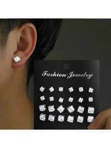 Lot de 48 boucles d'oreilles à tige géométriques rondes et carrées en zircone cubique brillante, style punk hip-hop simple, grand ensemble, convient pour les fêtes, les festivals, les rendez-vous, les cadeaux et le port quotidien