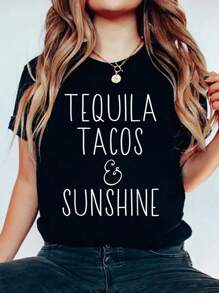 Tequila Tacos And Sunshine Shirt T-Shirt Print Cotton T-Shirt For Summer, Women's Soft Short Sleeve Top, Stylish Comfy Tee For Women Graphic Tees
