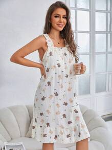 女士兔子印花细肩带吊带连衣裙，家居室内装，带泡泡褶边垫胸公主长款睡衣连衣裙，Moo Moo - 米色 - 查看 4