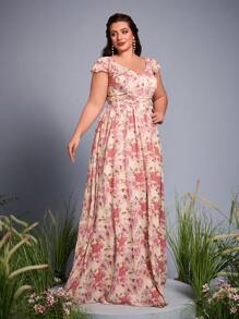 Plus Floral Print Ruched Bridesmaid Dress - Pink - View 4