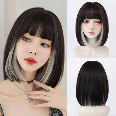 NAMM 12英寸金色渐变短款万圣节假发，女士短直发带刘海，耐热纤维全卷波波头假发，适合日常佩戴 - 角色扮演假发 - 樱花庆典魅力派对街拍造型 - 女孩礼物假发配饰