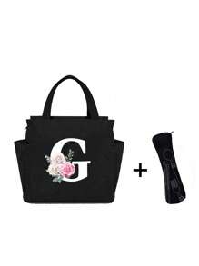 White Letters A~Z Printed With Flowers Lunch Bag For Women Men,With A Black Cutlery Storage Bag, Leakproof Insulated Soft Large Lunch Cooler Bag - Reusable Lunch Bag ,Solid Color Tableware Storage , Leak-Proof Portable Fabric Tableware Bag