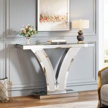 LITTLE TREE Mirrored Console Table, Modern Sliver Entryway Sofa Table With Crystal Inlay Frames For Living Room, Hallway, Foyer - White - View 3