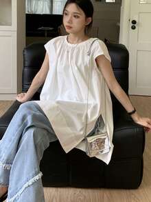 2025夏季女装新款白色法式宽松衬衫淑女休闲长款无袖衬衫韩版设计 - 白色 - 查看 5