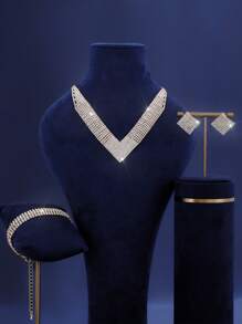 1 条项链、1 个耳环、1 条手链 - 奢华水钻爪链项链、耳环、手链新娘首饰套装 - 适合女性日常佩戴、婚礼、派对等。 - 金色 - 查看 10