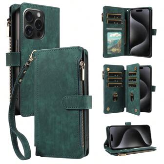 1pc Vintage Flip Wallet Case With Card Slots & Wrist Strap Compatible With Iphone 17 Pro Max/17 Pro/Air/17, A16 Series